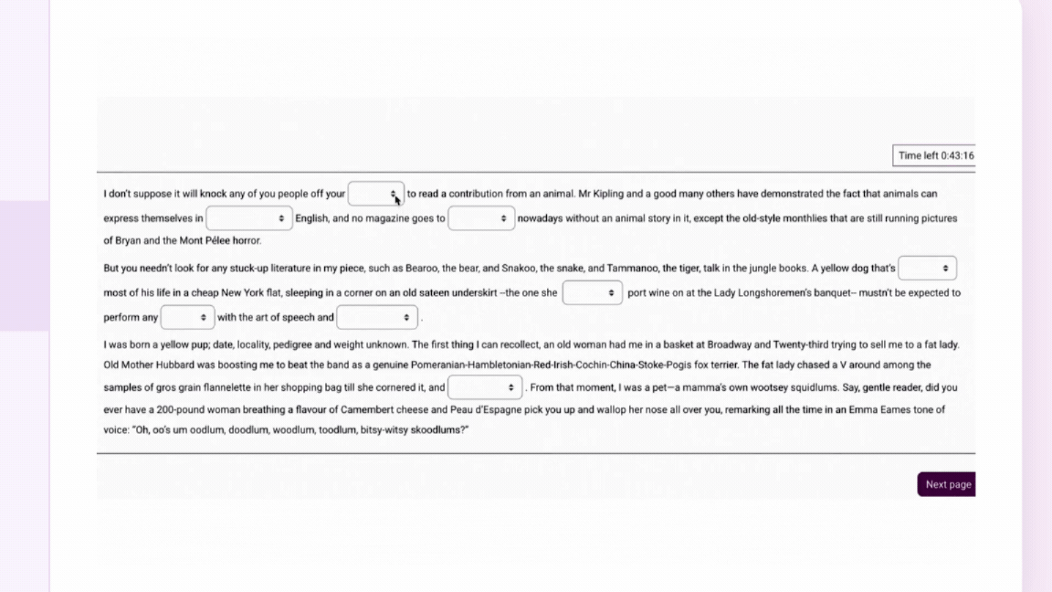 Drop Down reading question demo