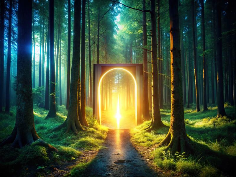 A glowing archway of light standing on a forest path at dawn, between tall misty trees