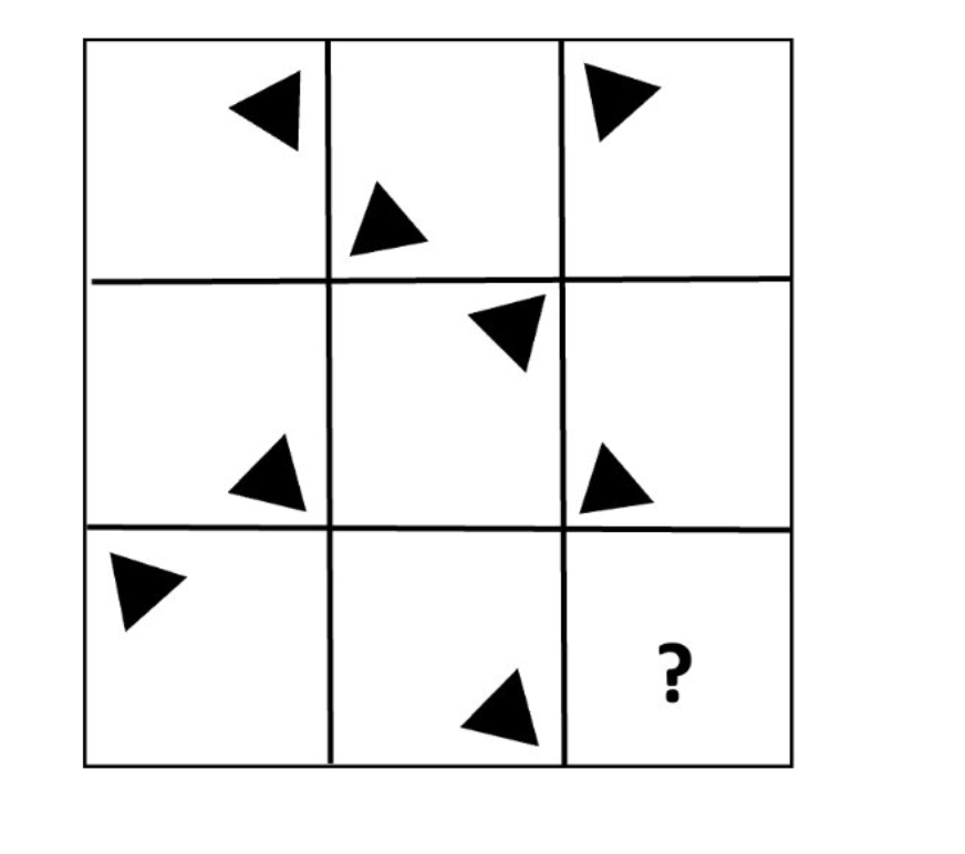 Abstract Reasoning Practice Test for Selective & Scholarship Tests 1 Find the missing section โ a 3 by 3 grid of triangles in different orientations with the bottom-right cell missing